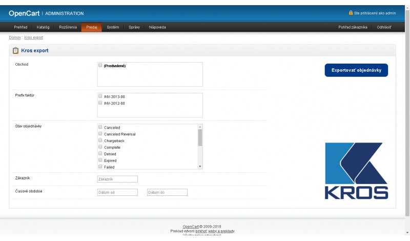 Kros Alfa+ export pre OpenCart – XML export faktúr